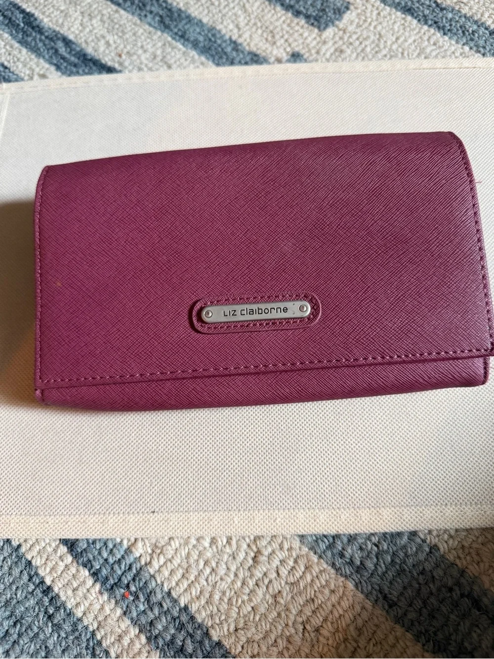 Liz Claiborne Plum Saffiano Flip Wallet with Silver Logo Plaque